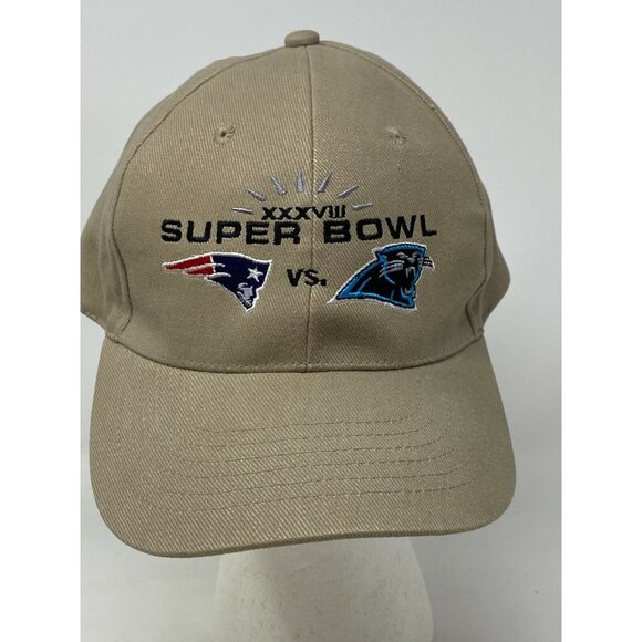 Superbowl NFL Patriots vs. Panthers Official Baseball Hat Cap Khaki Headmaster - Picture 1 of 7